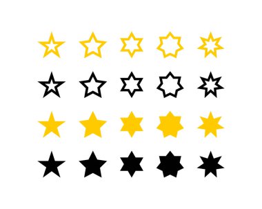 Yıldız. Farklı şekillerde beş yıldız. Yıldızlar altın ve siyah renk. Yıldız koleksiyonu. Yıldız Vektör Simgesi