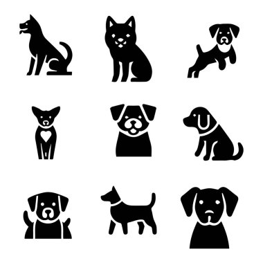 Çeşitli köpek silueti simgelerini gösteren bu koleksiyonda çeşitli türler ve pozlar yer alıyor. Grafik tasarımcıları, illüstratörler ve hayvan meraklıları için mükemmel. Bu simgeler birçok projede kullanılabilir.