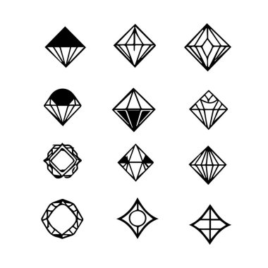 Elmas simgesi seti. Elmas kesiklerinin farklı şekilleri. Dimond simgesi düz biçimde ayarlandı. Soyut siyah elmas koleksiyonu simgeleri. Gemstone simgesi hazır. Elmas logo tasarımı. Vektör illüstrasyonu.