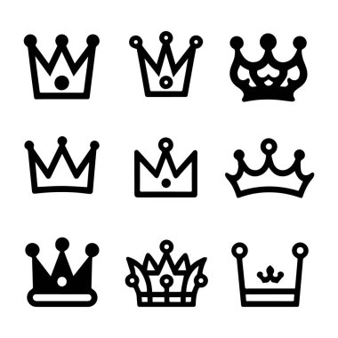 Perfect for designers seeking a blend of royalty and elegance, this colorful crown icon set offers various regal styles ideal for creating luxurious, high-end visuals. This collection includes a range of crown types and detailed designs suited clipart