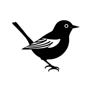 Bu minimalist siyah ve beyaz kuş çizimi uzun kuyruklu ve sivri gagalı bir profil ile sunulan stilize edilmiş bir siluet içerir. Basit bir göz, beyaz bir daire ve siyah bir noktayla yaratılmış, karikatür gibi bir cazibe ekler..