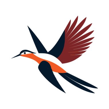 Minimalist bir vektör illüstrasyonunda şık ve uzun gövdeli bir kuş uçar. Kuşun sivri gagası ve açık kanatları dinamik bir hareket hissi yaratır..
