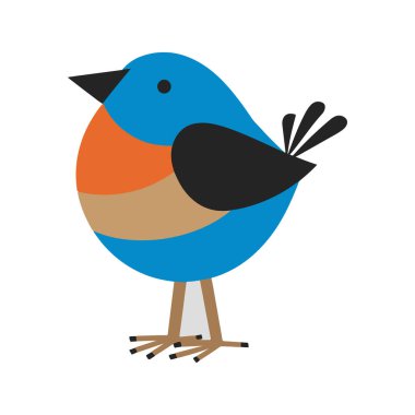 Bu dijital illüstrasyonda geometrik tasarımı ve canlı renk şeması olan stilize bir kuş yer almaktadır. Kuşun yan profili kafasında ve üst gövdesinde koyu mavi renkler gösterirken, göğüs ve karın altı canlı bir turuncu renktedir..