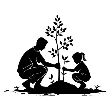 Baba ve kızı birlikte genç bir ağaç dikiyorlar.