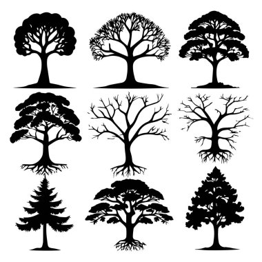 Dokuz siyah ağaç silueti koleksiyonu