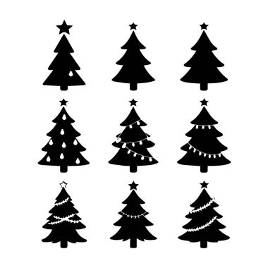 Süslü dokuz siyah siluet Noel ağacı