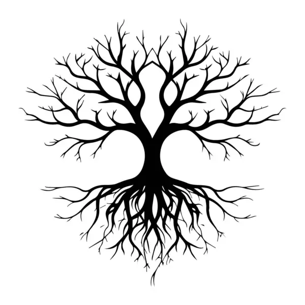 Açığa çıkmış kökleri olan siyah bir ağaç silueti.