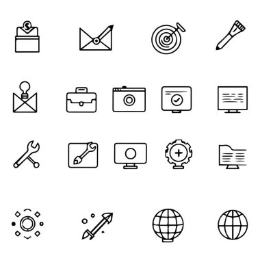 Beyaz arkaplanda izole edilmiş çeşitli çizgi resim simgelerinin koleksiyonu