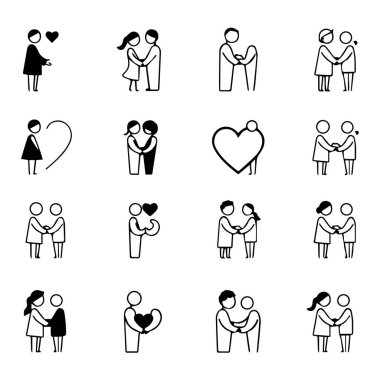 Birbirlerine aşık olan çeşitli karikatür çiftleri beyaz arka planda izole edilmiş.