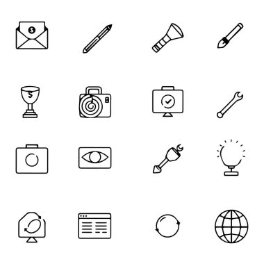 Beyaz arkaplanda on altı farklı iş ve teknoloji simgesi izole edildi