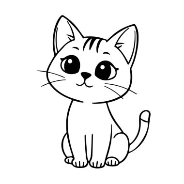 Beyaz arka planda yalnız oturan sevimli çizgi film kedisi.