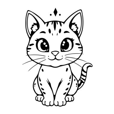 Beyaz arka planda yalnız oturan sevimli çizgi film kedisi.