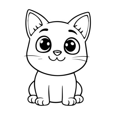 Beyaz arka planda izole edilmiş şirin çizgi film kedisi oturuyor ve yukarı bakıyor.