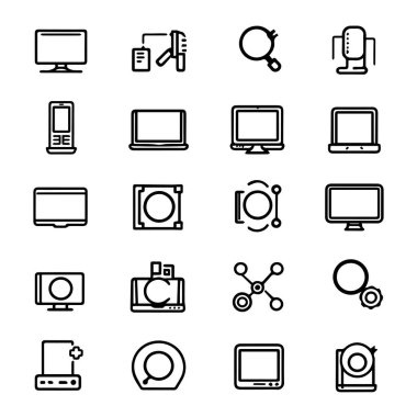 Beyaz arkaplanda izole edilmiş elektronik aygıt ve sembollerin koleksiyonu