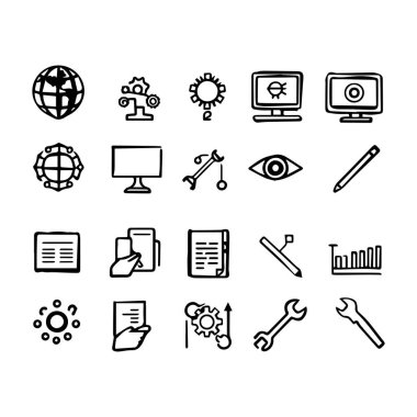 Beyaz arkaplanda izole edilmiş mühendislik ve geliştirme simgeleri