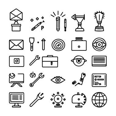 Beyaz arkaplanda izole edilmiş çeşitli çizgi resim simgelerinin koleksiyonu