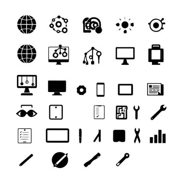 Beyaz arkaplanda izole edilmiş çeşitli siyah simgelerin koleksiyonu