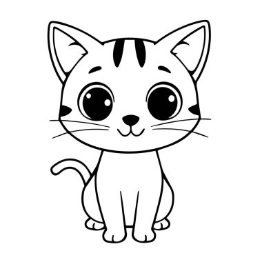 Beyaz arka planda izole edilmiş şirin çizgi film kedisi, oturuyor ve ileriye bakıyor.