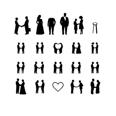 Beyaz arka planda izole edilmiş çeşitli ilişkilerdeki insanların siluetleri