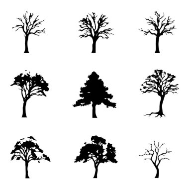 Dokuz siyah siluet ağaç illüstrasyonunun koleksiyonu