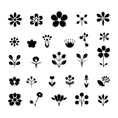 Basit siyah çiçek ikonları ve botanik elementlerin toplanması