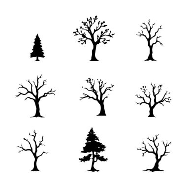 Sekiz siyah siluet ağaç ve kozalaklı ağaç koleksiyonu