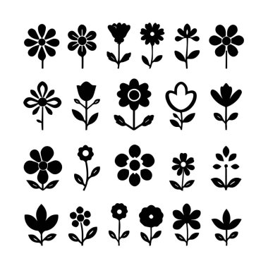 24 basit siyah çiçek simgesinin koleksiyonu