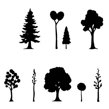 Sekiz basit siyah ağaç silueti koleksiyonu