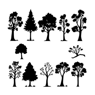 Çeşitli şekil ve boyutlarda siyah siluet ağaçları koleksiyonu