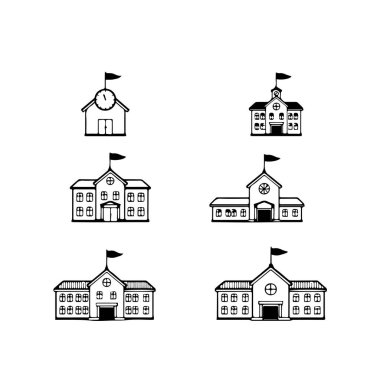 Altı basit siyah beyaz okul binası çizimleri