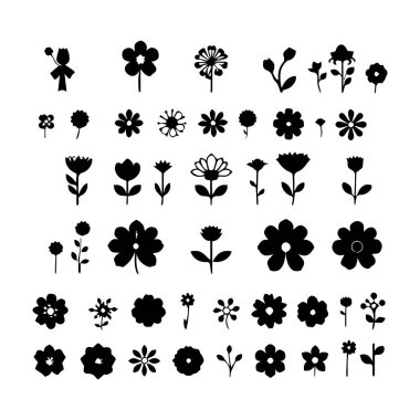 Tasarım için siyah siluet çiçek simgeleri koleksiyonu