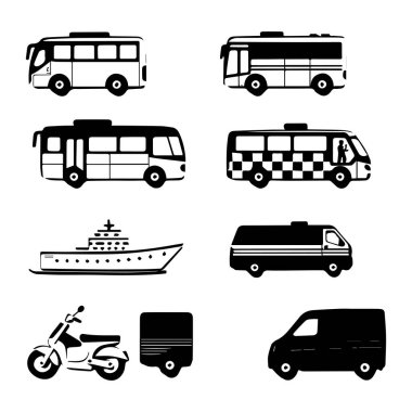 Siyah ve beyaz ulaşım simgeleri koleksiyonu