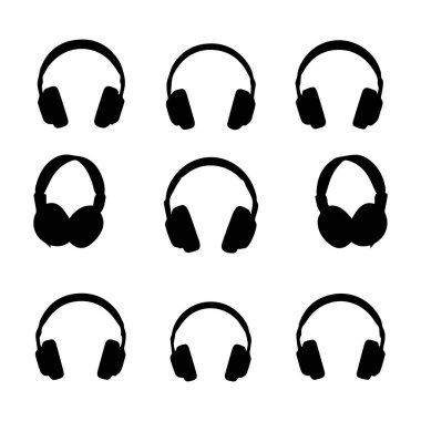 Beyaz arkaplanda dokuz siyah kulaklık silueti