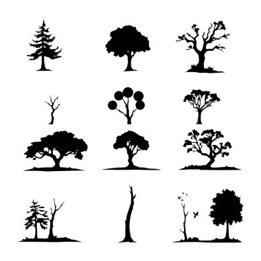 Tasarım için siyah siluet ağaç simgeleri koleksiyonu