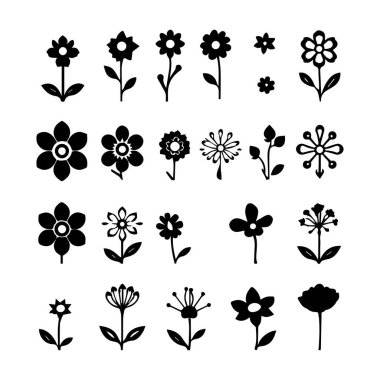 Basit siyah çiçek simgeleri ve siluetleri koleksiyonu