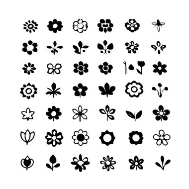 Otuz altı siyah çiçek ve bitki simgesi koleksiyonu