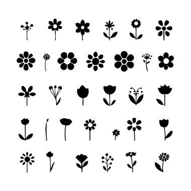 Basit siyah çiçek simgeleri ve siluetleri koleksiyonu