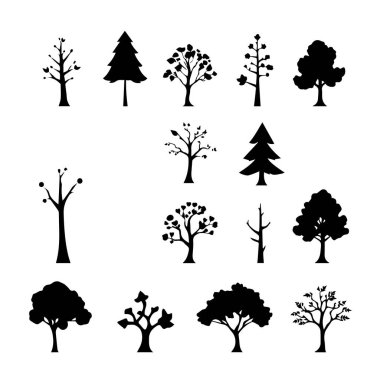 Tasarım için siyah siluet ağaç simgeleri koleksiyonu