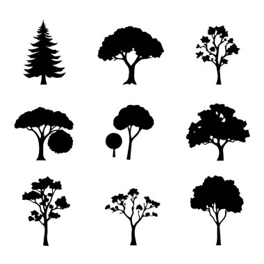 Tasarım için dokuz siyah ağaç silueti koleksiyonu