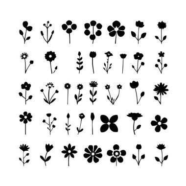 Basit çiçek ve tomurcuklardan oluşan 30 siyah siluet