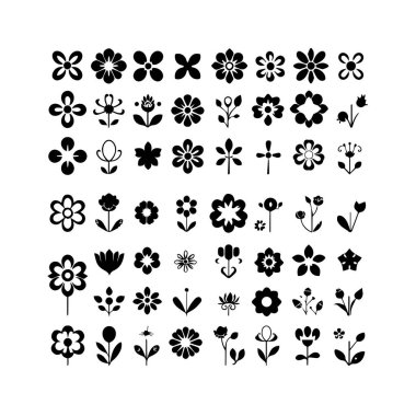 Siyah ve beyaz çiçek ikonları ve tasarımları koleksiyonu