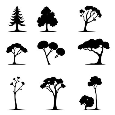 Beyaz üzerine dokuz siyah ağaç silueti koleksiyonu