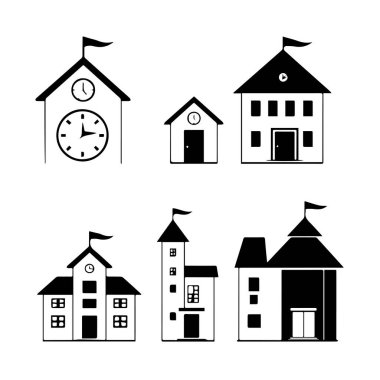 Basit siyah-beyaz okul binası simgeleri