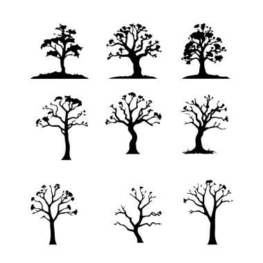 Çeşitli şekillerde dokuz siyah ağaç silueti koleksiyonu