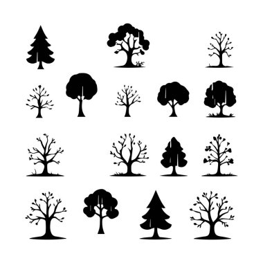 16 siyah siluet ağaç simgesi koleksiyonu