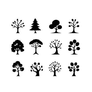 On iki basit siyah ağaç silueti doğa simgeleri