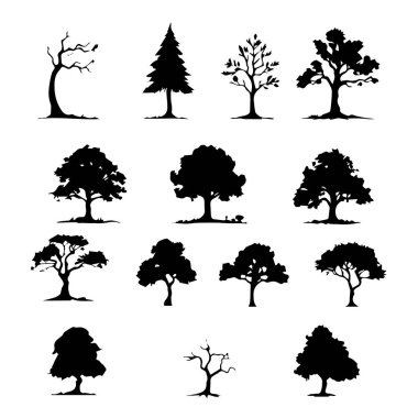 Tasarım için siyah siluet ağaç simgeleri koleksiyonu