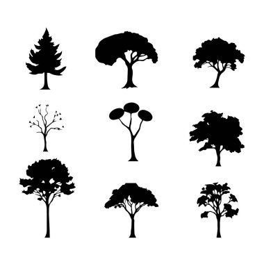 Tasarım için dokuz siyah ağaç silueti koleksiyonu