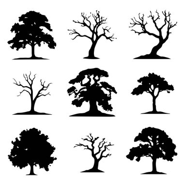 Tasarım için dokuz siyah ağaç silueti koleksiyonu
