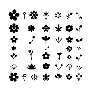Basit siyah çiçek ve bitki simgeleri koleksiyonu